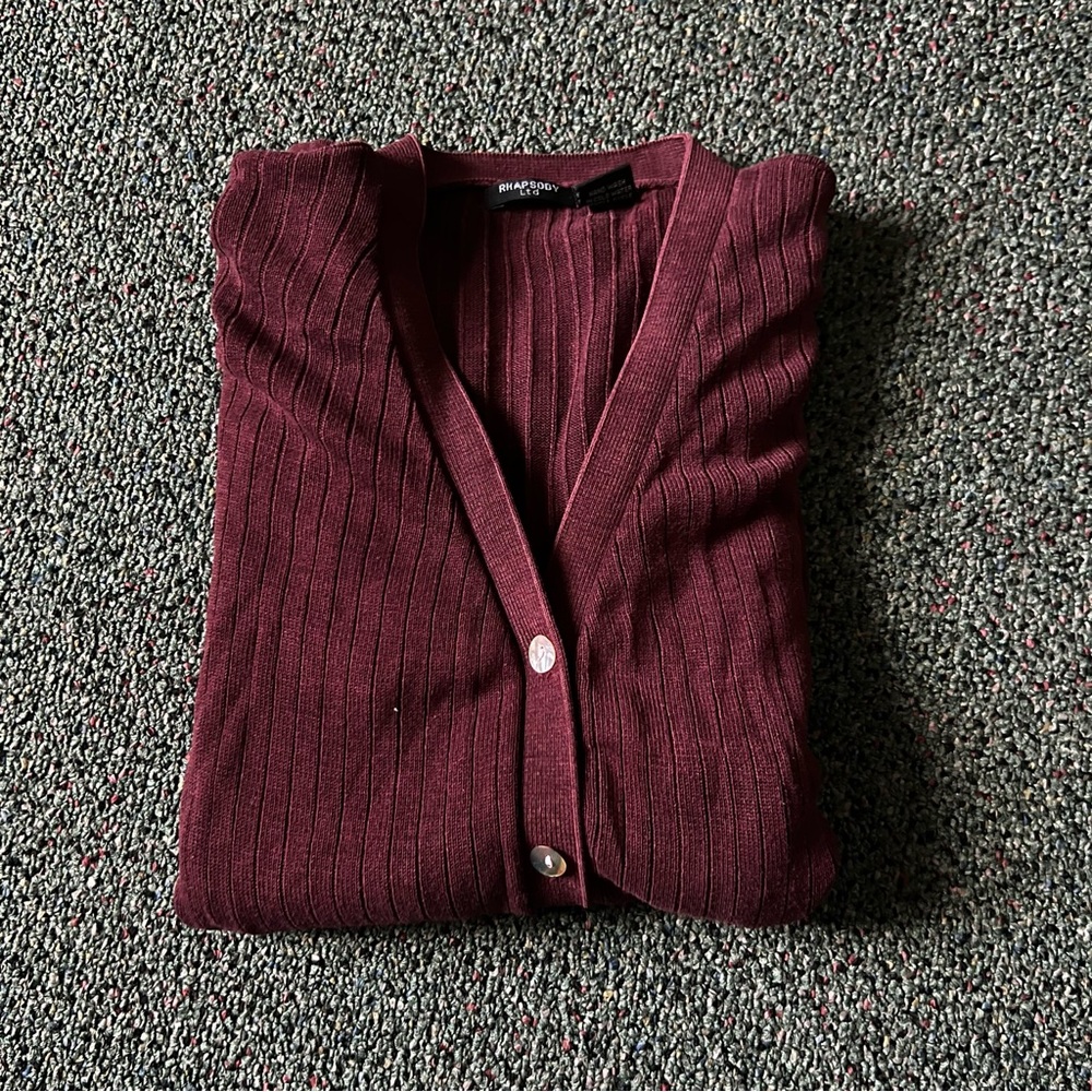 Maroon Burgundy Vintage 100% Silk Cardigan Ribbed Modest Long-Sleeve Sweater S - Picture 9 of 16